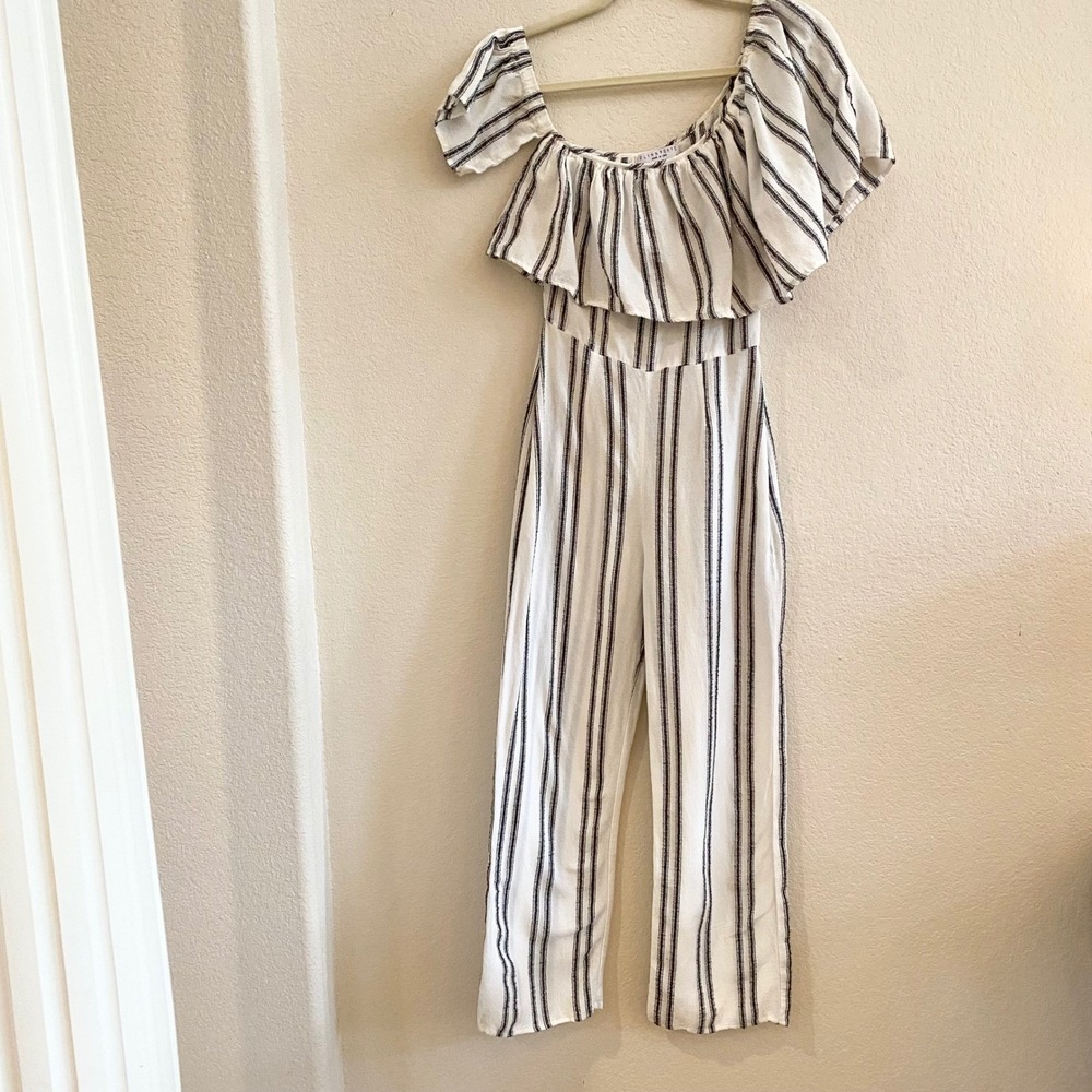 Flynn Skye Striped Off The Shoulder Ruffle Jumpsuit Wide Leg White Black Size S